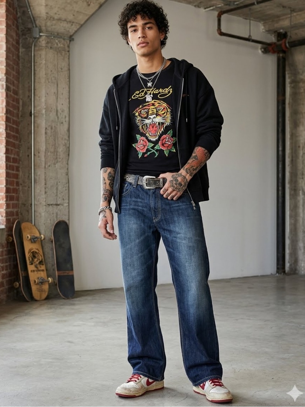 Y2K Ed Hardy Baggy Jeans Flap Pockets Dark Wash Button Fly Skater 38x32 Relaxed